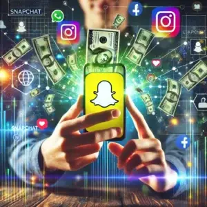 Young person holding a phone with Snapchat app, surrounded by money symbols, symbolizing success in earning money on Snapchat Spotlight